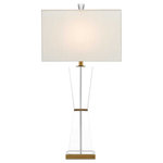 Currey and Company - Laelia 1 Light Table Lamps, Clear/Antique Brass with Off White Shantung Shade - Some designs are clearly ex ceptional  as is the case with the Laelia Table Lamp made of optic crystal panels set between metal bars treated to an antique brass finish. Even the finial that fastens the off-white shantung shade to the almost-not-there composition flirts with non-ex istence. Given its transparency  the Laelia is a fix ture that has endless stylistic possibilities.&nbsp