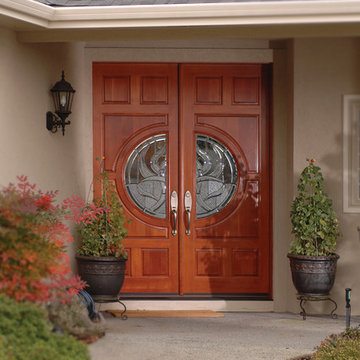 Rogue Valley Entry Doors - Textured wooden double with decorative glass