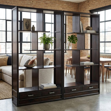 Pair Asian Inspired Asymmetrical Dark Brown Shelving Display Cabinet Divider ws4