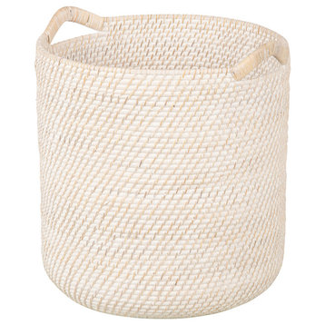 Laguna Round Rattan Storage Basket With Ear Handles, White Wash