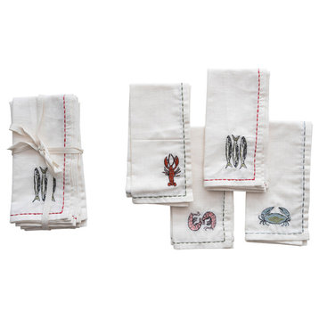 Cotton Napkins with Sea Life Embroidery, Set of 4 Styles, Multicolor