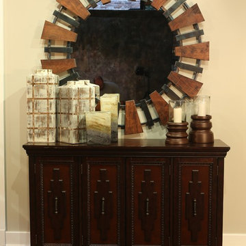 Hallway Table with Gold Vases, Round Mirror and Bronze Candleholders