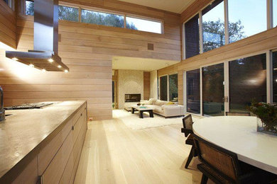Kitchen - contemporary light wood floor kitchen idea in New York with light wood cabinets, brown backsplash and an island
