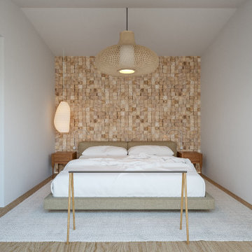 Aroeira bedroom with wood headboard wall and woven pendant