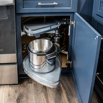 Two Tone Kitchen: Navy and Wood Kitchen with Carrara Wind Quartz Countertops