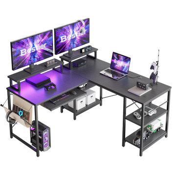L-Shaped Desk, Metal Frame With Adjustable Shelves & Monitor Stand, Carbon Fiber