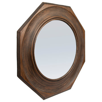 Hexagonal Carved Wood Framed Wall Mirror, Walnut