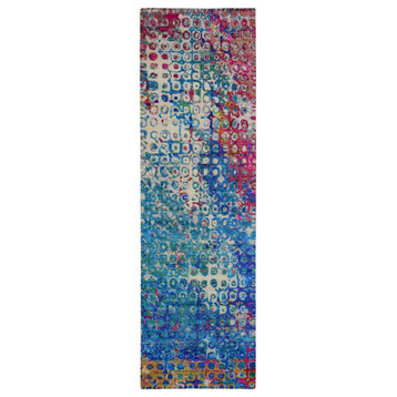 THE PEACOCK, Sari Silk Colorful Runner Hand Knotted Oriental Rug, 3'0" x 10'1"