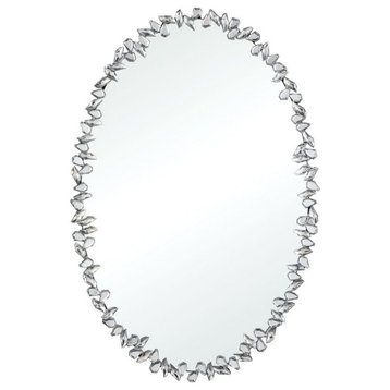 Modern Coastal Oval Wall Mirror in Silver Finish Acrylic and Silver leaf Rock