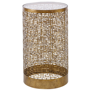 Luxe Gold Greek Key Fretwork Cage Accent Table | Round Drum Open Modern Elegant