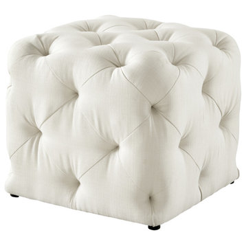 Supriya Upholstered Square Ottoman, Tufted Design, Cream White Linen