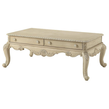 French Country Coffee Table, Cabriole Legs With Rectangular Top & Drawers, White