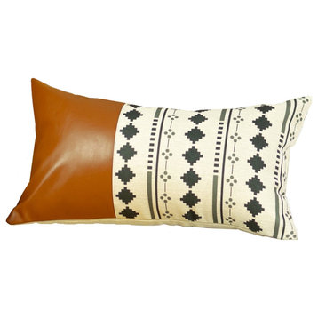 Geometric Patterns And Brown Faux Leather Lumbar Pillow Cover