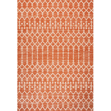Ourika Moroccan Geometric Indoor/Outdoor Rug, Orange/Cream, 9x12