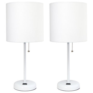 Limelights White Stick Lamp With Charging Outlet and Fabric Shade Two Pack Set