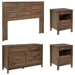 OSP Home Furnishings - Stonebrook 4 Piece Bedroom Set, Classic Walnut Finish, Classic Walnut - Create the perfect bedroom or guest room with our Stonebrook bedroom set. Suite includes: One Queen/full headboard, two USB powered nightstands and one 6-drawer dresser. Deep drawers make putting even bulky folded items away easy. Dresser drawers have sturdy metal drawer glides with safety stops, elevating these dressers to a bedroom favorite for years to come. Achieve a chic, modern, aesthetic with either a blonde or deep walnut woodgrain finish that will fit in effortlessly with popular styles like Rustic Coastal, Modern Farmhouse or an eclectic Boho vibe. Assembly required. 6 Drawer Dim-56.25" W x 17.5" D x 32.75" H, Nightstand Dim-18.5" W x 18" D x 24.75" H, Queen/Full Headboard Dim-: 67" W x 3" D x 48.25" H