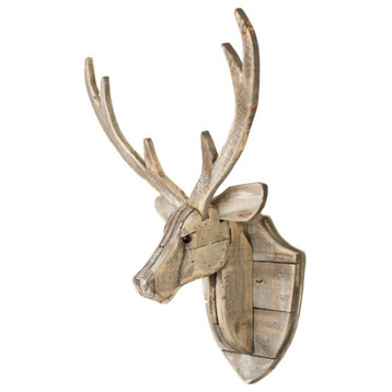 Recycled Wood Deer Head Wall Sculpture Woodland Plaque Rustic Cottage