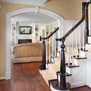 ワシントンD.C.の大きいトラディショナルスタイルのおしゃれな玄関ロビー (黄色い壁、無垢フローリング) の写真