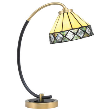 1-Light Desk Lamp, Matte Black/New Age Brass Finish, 7" Diamond Peak Art Glass