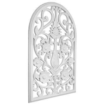 American Art Decor Arched Windowpane Floral Wood Wall Panel, White 36"x24"