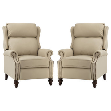 Modern Genuine Leather Manual Recliner With Solid Wood Legs Set of 2, Beige