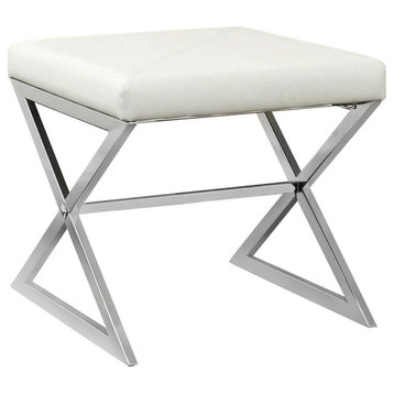 Bowery Hill Faux Leather Ottoman in White and Chrome
