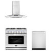 3-Piece, 36" Gas Range 36" Wall Mount Range Hood and 24" Dishwasher