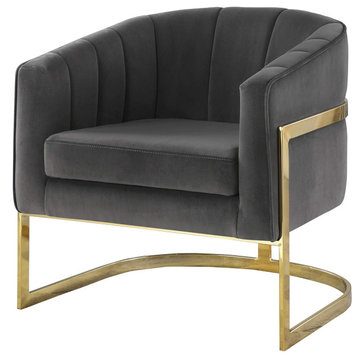 Contemporary Accent Chair, Metal Base With Velvet Seat & Channel Back, Grey/Gold