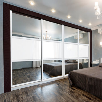 Modern Bypass Sliding Doors with White Glass & Mirror Glass Panels Inserts, 120"x96" Inches