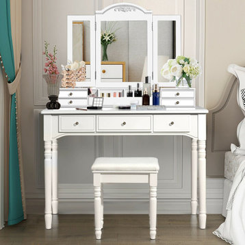 Modern Vanity Set, Elegant Design With Tri-Folding Mirror & 7 Drawers, White