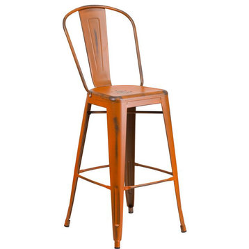 Flash Furniture 30" High Distressed Orange Metal Indoor Barstool With Back
