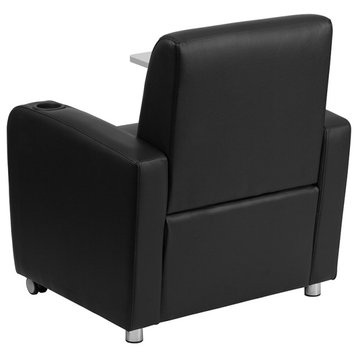 Black Leather Guest Chair with Tablet Arm, Front Wheel Casters and Cup Holder