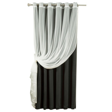 Wide Width Tulle Sheer Lace Blackout 2-Piece Curtain Set, Black
