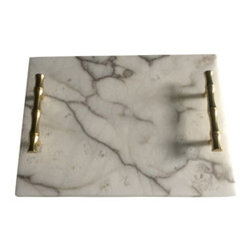Matthew Izzo White Marble Serving Tray With Gold Bamboo Handles - Serving Trays