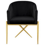 Meridian Furniture - Xavier Velvet Dining Chair, Black, Gold Legs - Spread elegance and modernity to your dining room with this Xavier black velvet dining chair from Meridian Furniture. This beautiful chair features a simple barrel seat with a plush cushion and back, ensuring that every meal is a comfortable one. The gold steel legs provide durable support while you sit, and an "X" leg in the back lends the chair an uber-modern vibe. Gold finishing on the base is sleek and chic, giving this chair a contemporary edge that's well at home in any modern dining room. Sleek black velvet upholstery is durable and tough yet soft against your body, elevating meal times to a luxurious experience.