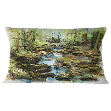 Stream in The Forest Landscape Painting Throw Pillow, 12"x20"
