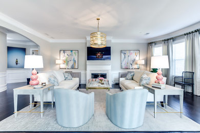 Living room - large transitional formal and open concept dark wood floor and brown floor living room idea in Other with gray walls, a standard fireplace, a wall-mounted tv and a tile fireplace