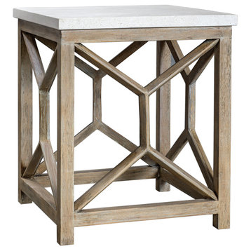Open Light Weathered Wood Accent Table, Stone TopxNatural Minimalist Square