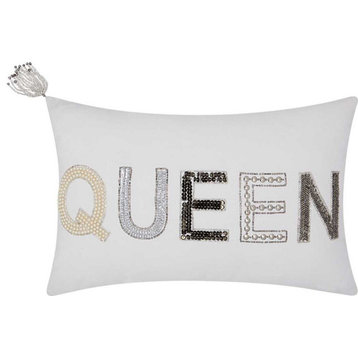 Luminescence Beaded "Queen" Throw Pillow, White