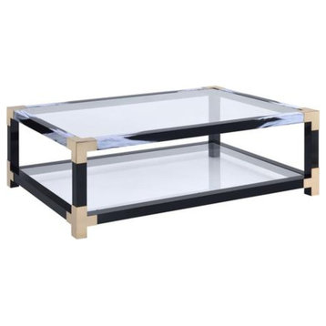 Benzara BM186275 Rectangular Metal Coffee Table with Glass Top and Shelf, Black