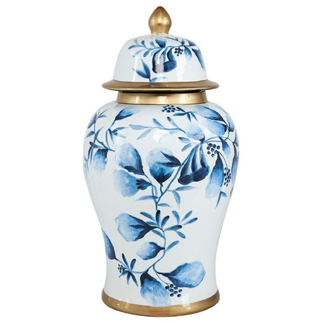 Floral Decorative Jar or Canister, Blue and Gold