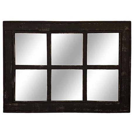 Kettle Black 6 Pane Herringbone Vanity Mirror, 36"x30", Light Distressed