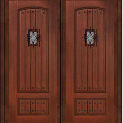 Prehung Speakeasy Entry Double Door 96 Fiberglass2 Panel V-Grooved - Front Doors