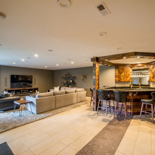 Inspiration for a large retro walk-out basement in Other with grey walls, ceramic flooring and no fireplace.