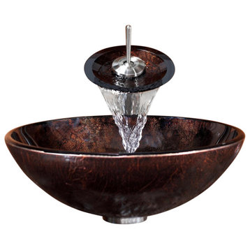 Glass Vessel Sink, Bathroom Waterfall Faucet, PU Drain, Mount Ring, Nickel
