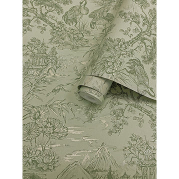 Majestic Crane Tropical Print Textured Wallpaper 57 Sq. Ft., Sage, Sample