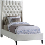 Meridian Furniture - Fritz Velvet Upholstered Bed, Cream, Twin - Count on this Fritz velvet bed to bring a modern look to life in your bedroom sanctuary. This lovely bed features soft cream velvet upholstery for a sumptuously elegant feel and an upscale look. The extra-tall headboard lends your space an element of drama, and the brass nail-head trim accentuate the sophisticated demeanor of this modern bed. Tufting on the wingback headboard helps keep its padding aloft while adding a textural design that draws the eye.