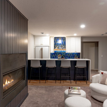 Bold Basement Finish — Linear Gas Fireplace, Wet Bar & Cafe Appliance Suite