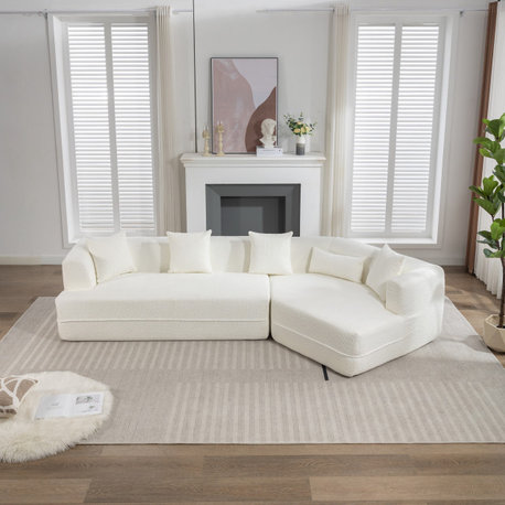 2-Piece Modular Sectional Sofa, Soft Crocheted Yarn Fabric, Creamy White