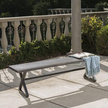 GDF Studio Rosarito Outdoor Aluminum Dining Bench With Black Steel Frame, Gray